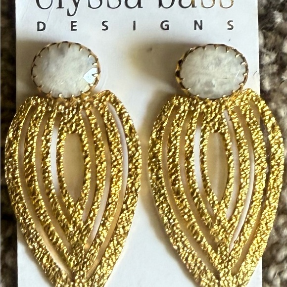 Elyssa Bass Leaf Design Gold and Moonstone Statement Earrings